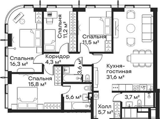 4-комн. квартира, 109.3 м2, 54/59 эт. Москва