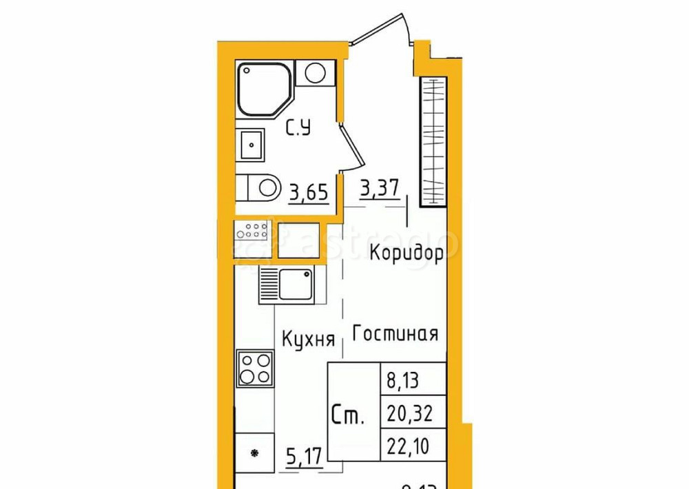 Студия, 22.09 м2, 17/27 эт. Уфа - изображение 1