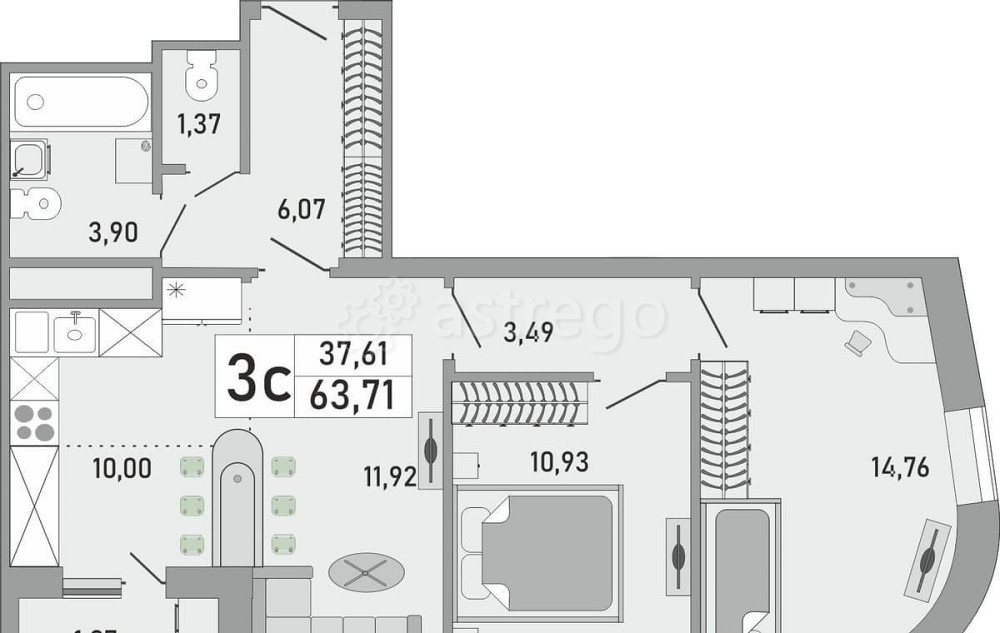 2-комн. квартира, 63.71 м2, 19/24 эт. Уфа - изображение 1