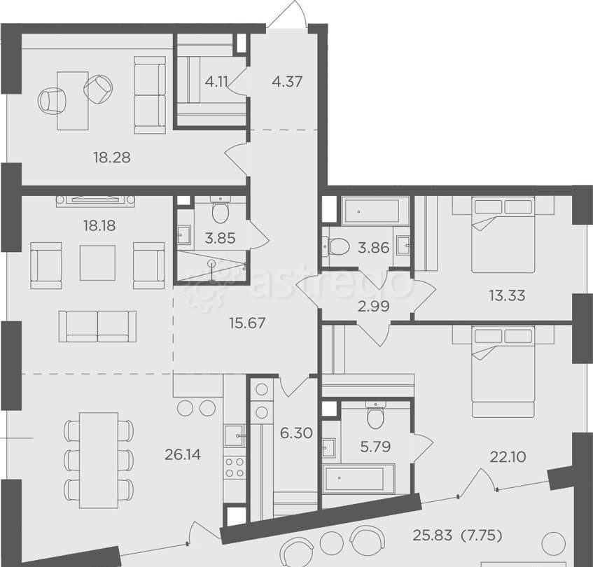 4-комн. квартира, 152.72 м2, 15/16 эт. Москва - изображение 1