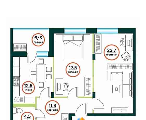 2-комн. квартира, 72 м2, 1/8 эт. Емельяново