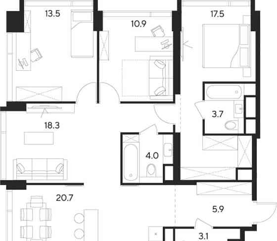 4-комн. квартира, 97.6 м2, 29/43 эт. Москва