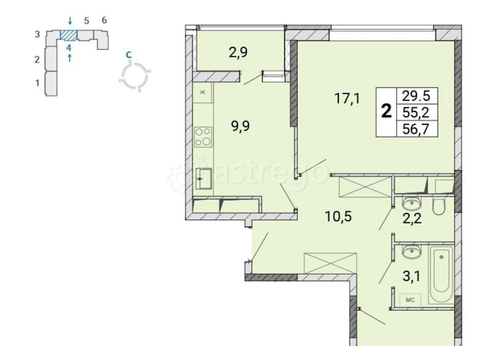 2-комн. квартира, 56.9 м2, 14/17 эт. Балашиха - изображение 1