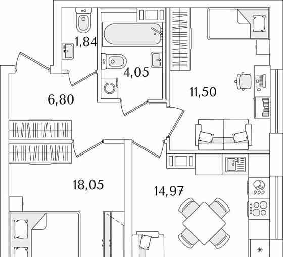 2-комн. квартира, 59 м2, 8/17 эт. Санкт-Петербург