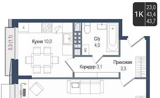 1-комн. квартира, 43.4 м2, 3/8 эт. Королев
