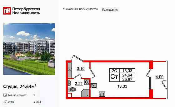 Студия, 24.64 м2, 1/5 эт. Санкт-Петербург