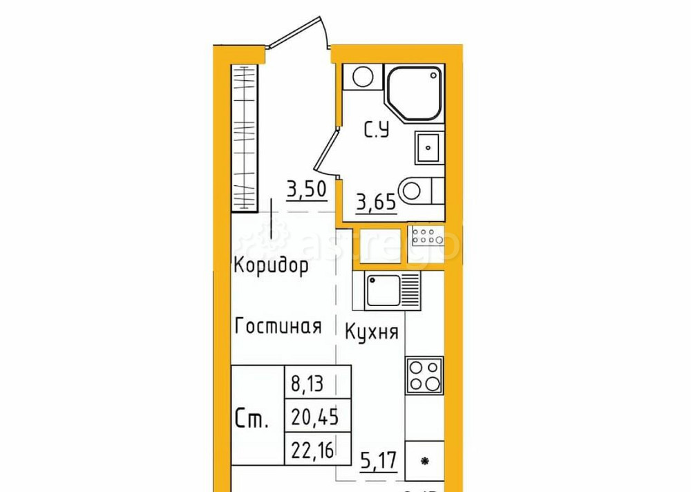Студия, 22.15 м2, 20/27 эт. Уфа - изображение 1