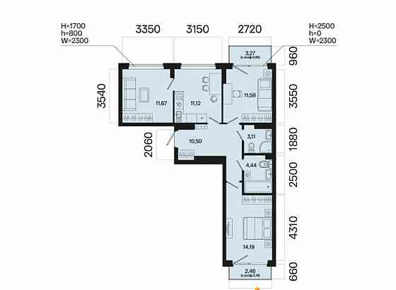 3-комн. квартира, 68.33 м2, 3/7 эт. Уфа