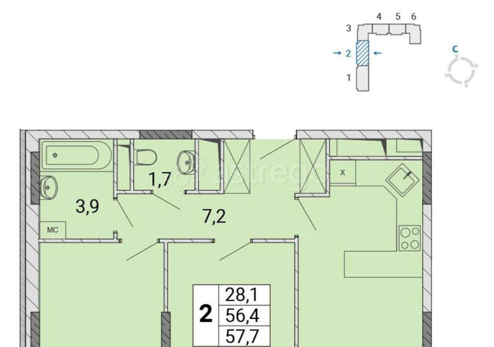 2-комн. квартира, 57.7 м2, 11/17 эт. Балашиха - изображение 1
