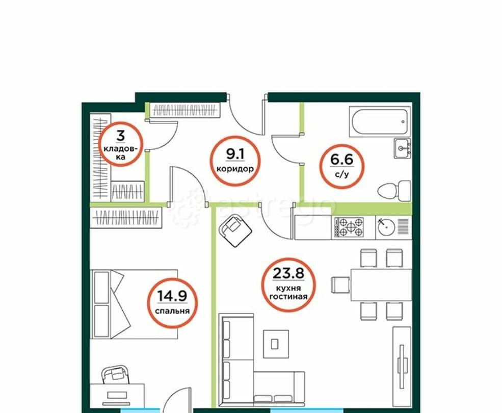 2-комн. квартира, 59.05 м2, 5/8 эт. Емельяново - изображение 7