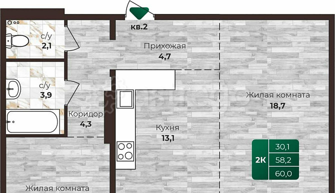 2-комн. квартира, 60 м2, 14/16 эт. Барнаул - изображение 1