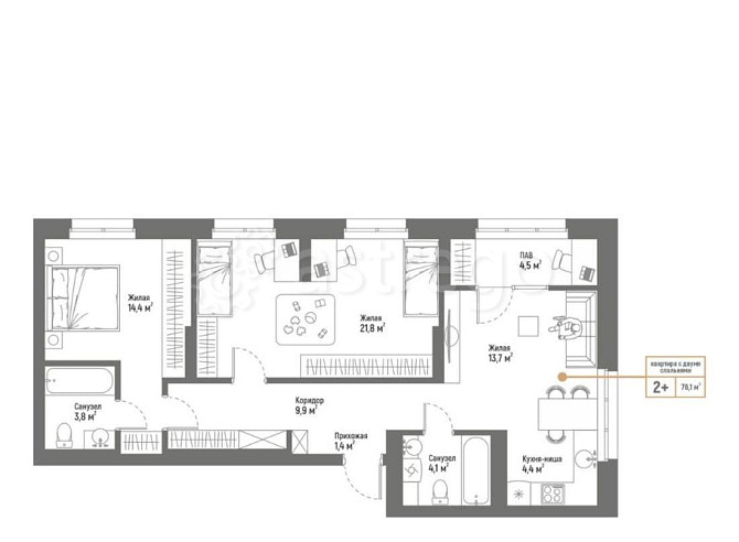 3-комн. квартира, 78.1 м2, 8/17 эт. Стерлитамак - изображение 1