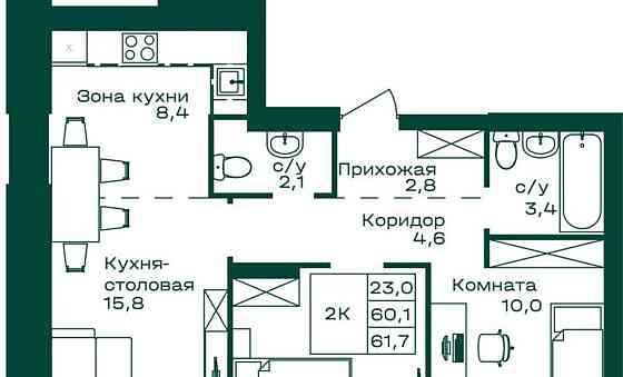 2-комн. квартира, 61.7 м2, 2/8 эт. Майма