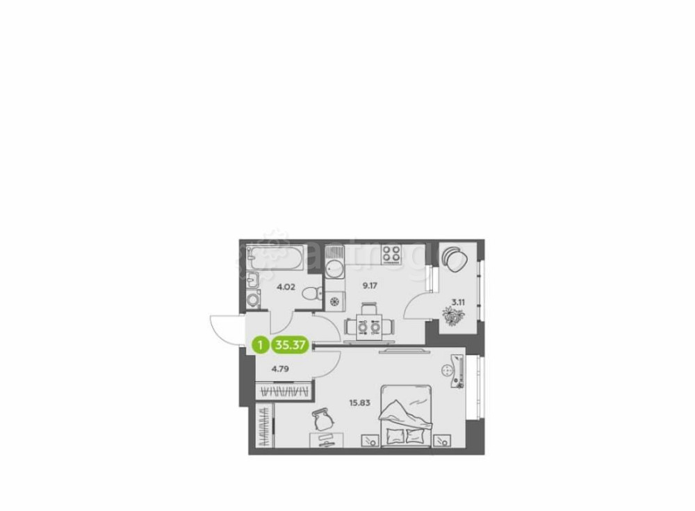 1-комн. квартира, 35.37 м2, 7/16 эт. Архангельск - изображение 2