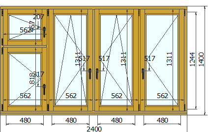 Деревянное окно 1400х2400 на заказ из лиственницы четырёхстворчатое Москва
