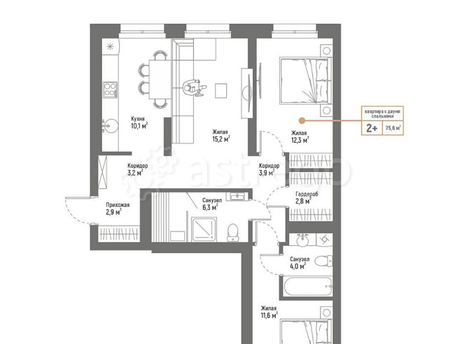 3-комн. квартира, 75.8 м2, 2/9 эт. Стерлитамак - изображение 1