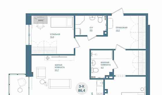 3-комн. квартира, 86.4 м2, 2/19 эт. Красноярск