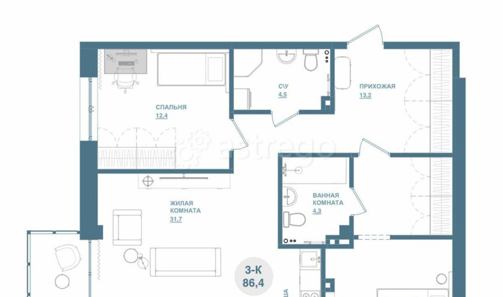 3-комн. квартира, 86.4 м2, 2/19 эт. Красноярск - изображение 1