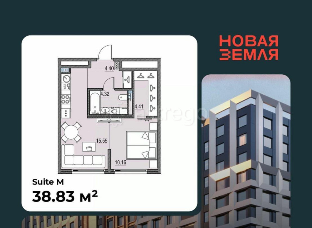 1-комн. квартира, 38.83 м2, 17/17 эт. Санкт-Петербург - изображение 1