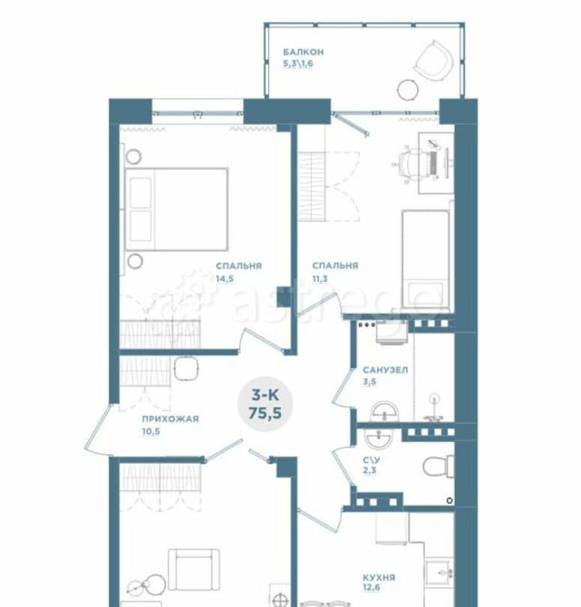 3-комн. квартира, 75.9 м2, 2/19 эт. Красноярск - изображение 1