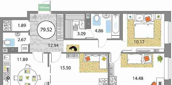 3-комн. квартира, 79.52 м2, 8/12 эт. Санкт-Петербург