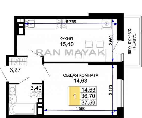 1-комн. квартира, 37.59 м, 3/12 эт. Майкоп