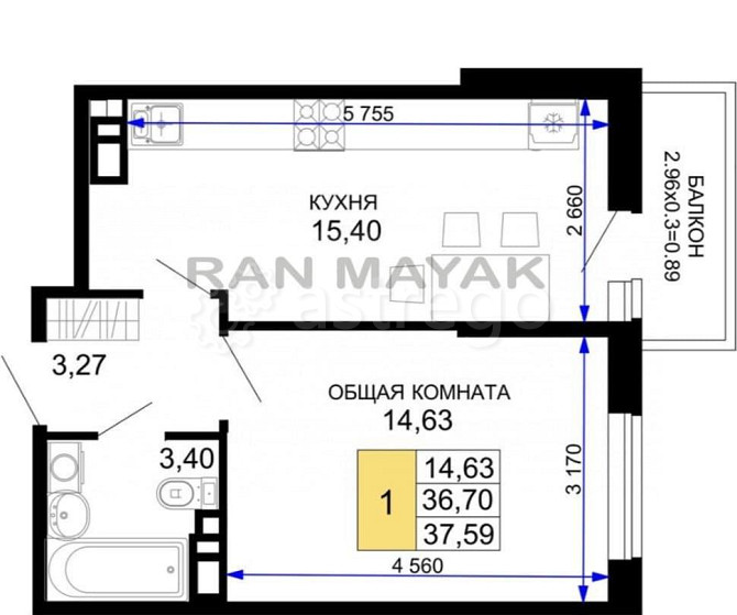1-комн. квартира, 37.59 м, 3/12 эт. Майкоп - изображение 1