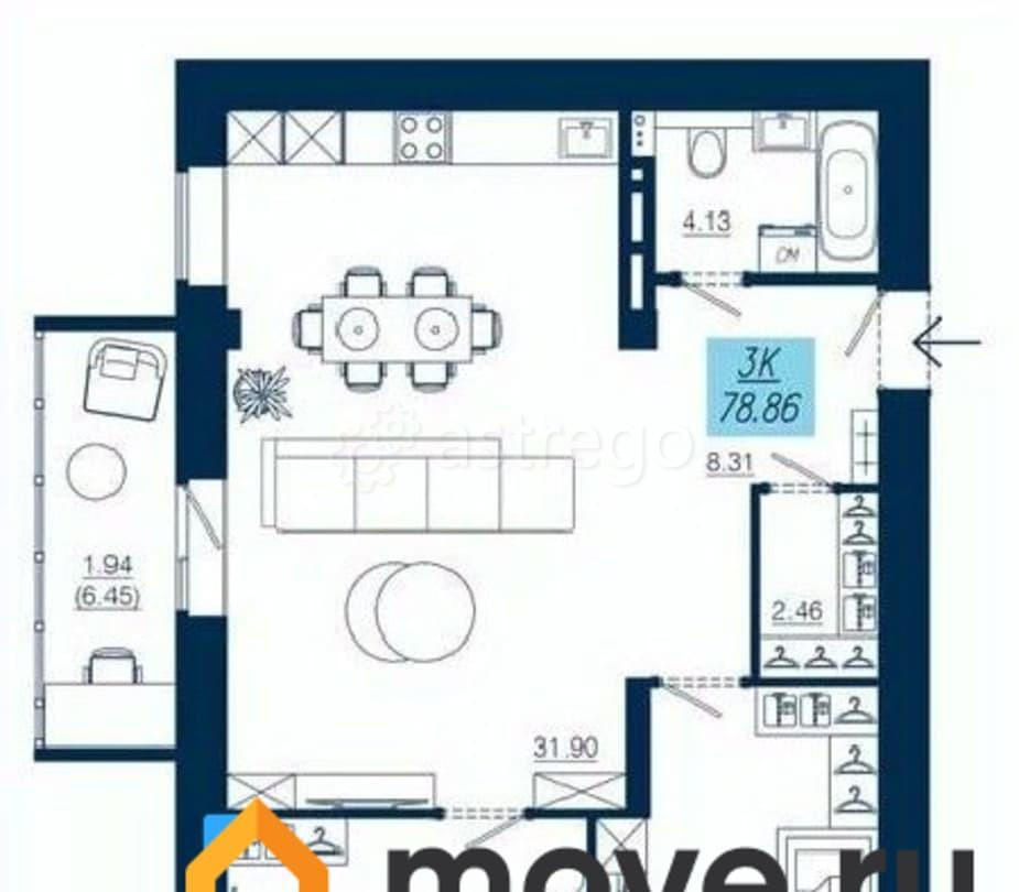 3-комн. квартира, 78.86 м2, 15/19 эт. Красноярск - изображение 1