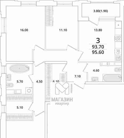 3-комн. квартира, 96 м2, 3/13 эт. Санкт-Петербург