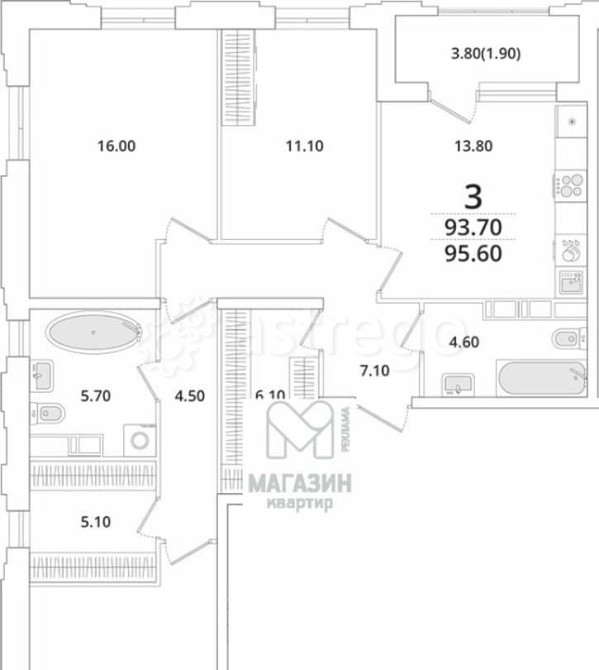 3-комн. квартира, 96 м2, 3/13 эт. Санкт-Петербург - изображение 3