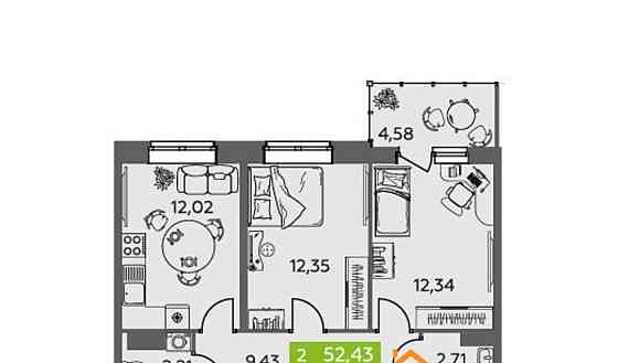 2-комн. квартира, 52.43 м2, 8/9 эт. Северодвинск
