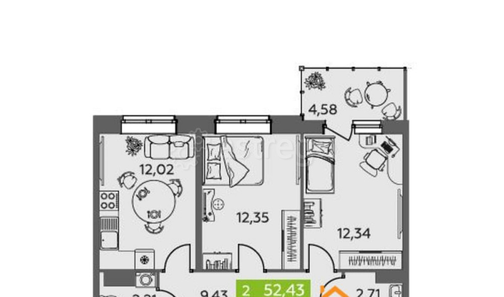 2-комн. квартира, 52.43 м2, 8/9 эт. Северодвинск - изображение 1