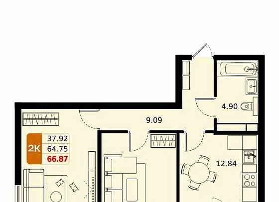 2-комн. квартира, 66.87 м2, 17/17 эт. Домодедово