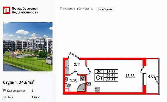 Студия, 24.64 м2, 1/5 эт. Санкт-Петербург
