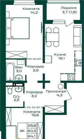 2-комн. квартира, 64.1 м2, 8/8 эт. Майма