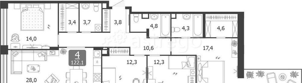 4-комн. квартира, 122.1 м2, 11/14 эт. Москва - изображение 1