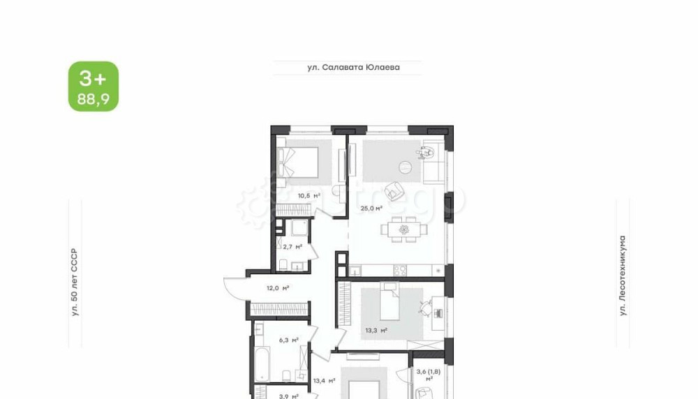 3-комн. квартира, 88.9 м2, 12/25 эт. Уфа - изображение 1