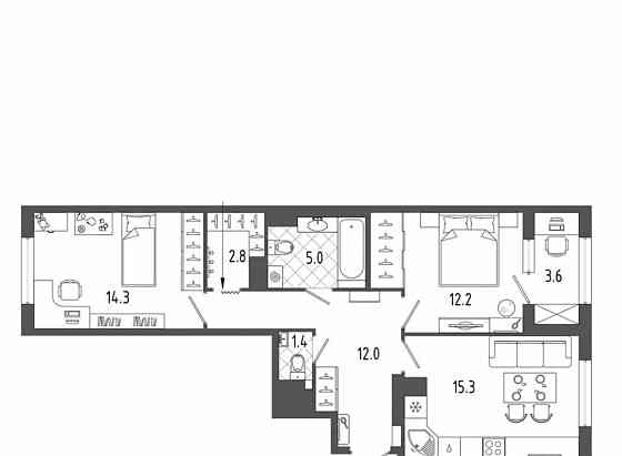 2-комн. квартира, 64.6 м2, 8/14 эт. Санкт-Петербург