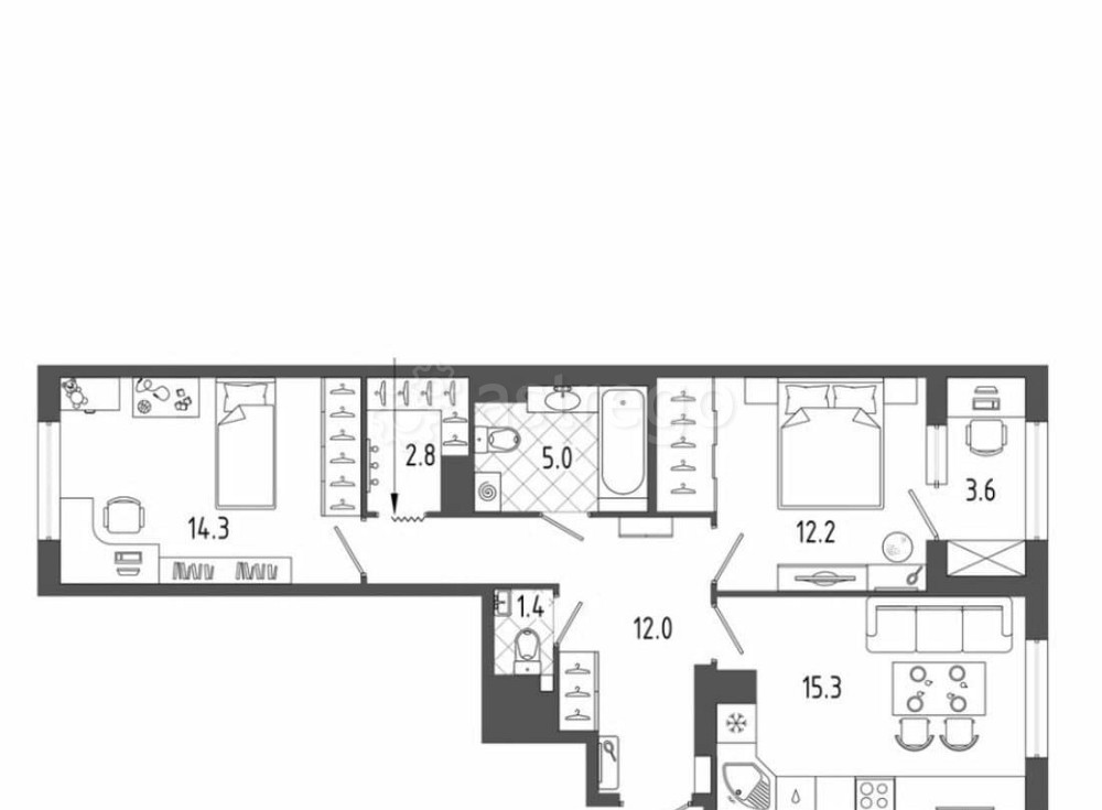 2-комн. квартира, 64.6 м2, 8/14 эт. Санкт-Петербург - изображение 3