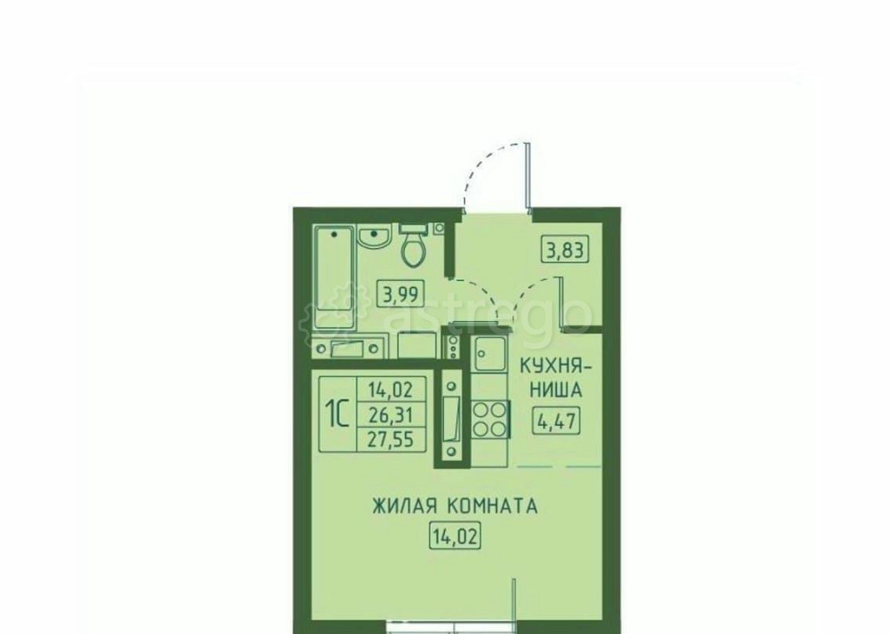 Студия, 27.55 м2, 9/23 эт. Красноярск - изображение 2