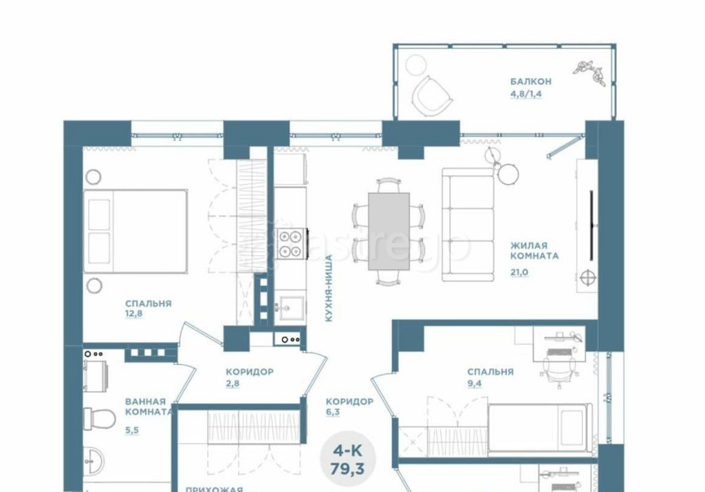 4-комн. квартира, 79.3 м2, 3/19 эт. Красноярск - изображение 1