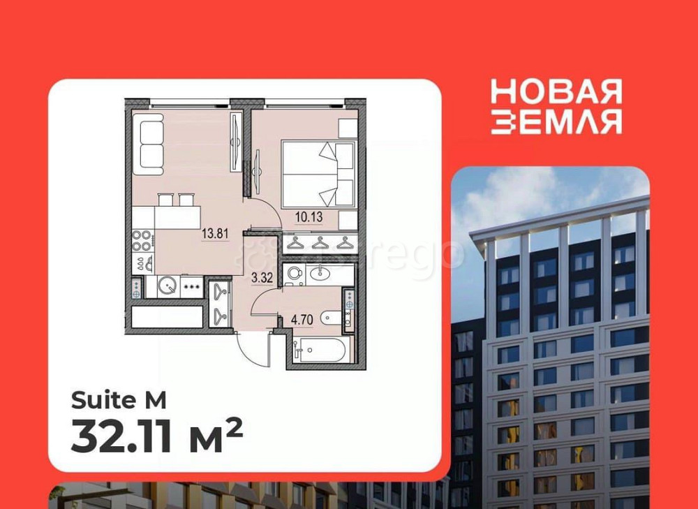 1-комн. квартира, 32.11 м2, 13/17 эт. Санкт-Петербург - изображение 1