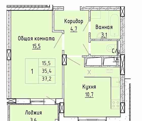 1-комн. квартира, 37 м2, 6/8 эт. Дубовое