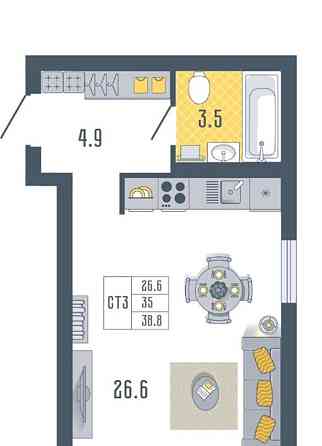 Студия, 38.8 м2, 10/17 эт. Астрахань