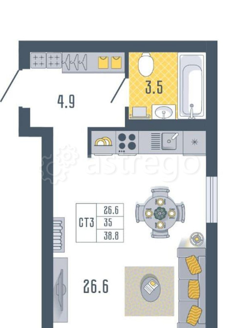 Студия, 38.8 м2, 10/17 эт. Астрахань - изображение 1