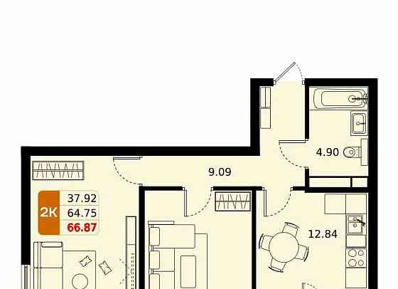 2-комн. квартира, 66.87 м2, 10/17 эт. Домодедово