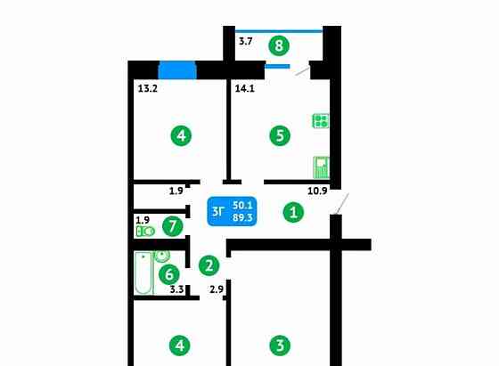 3-комн. квартира, 89.3 м2, 2/4 эт. Котлас