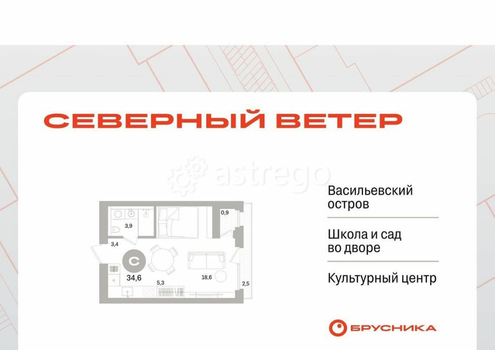 Студия, 34.57 м2, 2/7 эт. Санкт-Петербург - изображение 1
