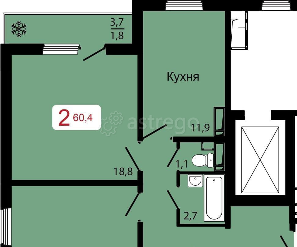 2-комн. квартира, 60.4 м2, 3/17 эт. Красноярск - изображение 1