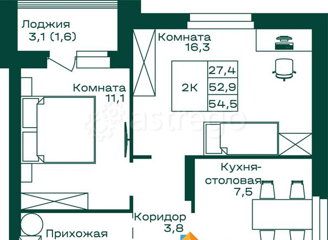 2-комн. квартира, 54.5 м2, 1/8 эт. Майма - изображение 1